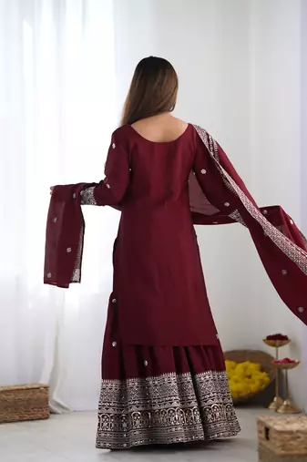 Maroon chinon silk fabric sequins work sharara suit