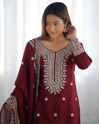 Maroon chinon silk fabric sequins work sharara suit 4