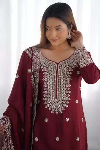 Maroon chinon silk fabric sequins work sharara suit