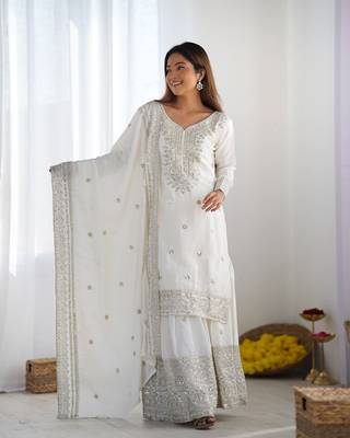 Off white chinon silk fabric sequins work sharara suit 1