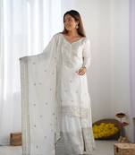 Off white chinon silk fabric sequins work sharara suit