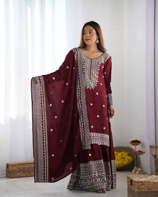 Maroon chinon silk fabric sequins work sharara suit 5