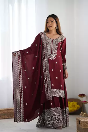 Maroon chinon silk fabric sequins work sharara suit