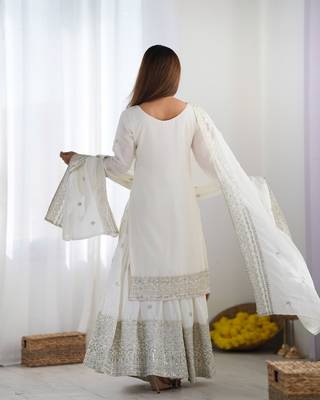 Off white chinon silk fabric sequins work sharara suit 3