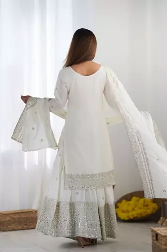 Off white chinon silk fabric sequins work sharara suit