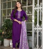 Wine embroidery work and printed rayon readymade salwar kameez