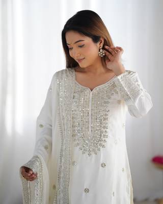 Off white chinon silk fabric sequins work sharara suit 4