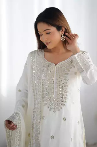 Off white chinon silk fabric sequins work sharara suit