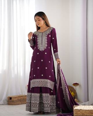 Wine chinon silk fabric sequins work sharara suit 1