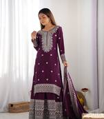 Wine chinon silk fabric sequins work sharara suit