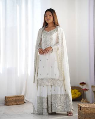 Off white chinon silk fabric sequins work sharara suit 5