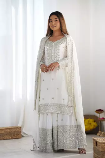 Off white chinon silk fabric sequins work sharara suit