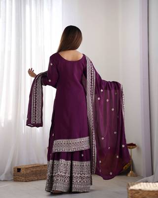 Wine chinon silk fabric sequins work sharara suit 3
