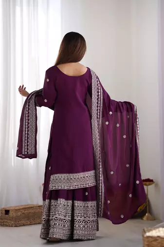 Wine chinon silk fabric sequins work sharara suit