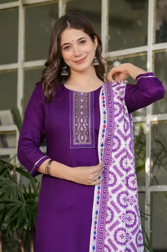 Wine embroidery work and printed rayon readymade salwar kameez
