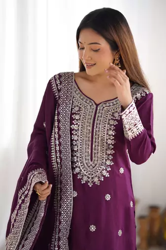 Wine chinon silk fabric sequins work sharara suit