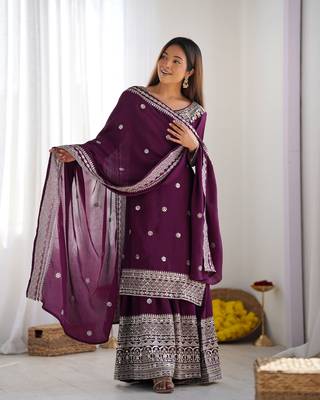 Wine chinon silk fabric sequins work sharara suit 5