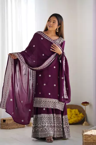 Wine chinon silk fabric sequins work sharara suit