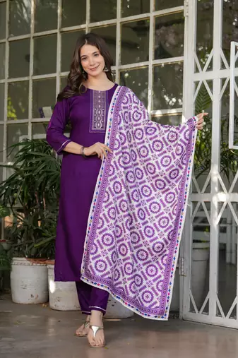 Wine embroidery work and printed rayon readymade salwar kameez
