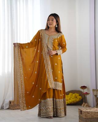Mustard chinon silk fabric sequins work sharara suit 1