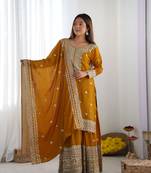 Mustard chinon silk fabric sequins work sharara suit