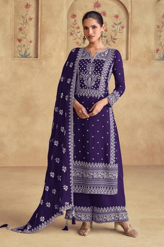 Violet georgette fabric designer embroidery work palazzo suit