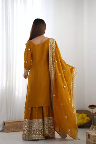 Mustard chinon silk fabric sequins work sharara suit