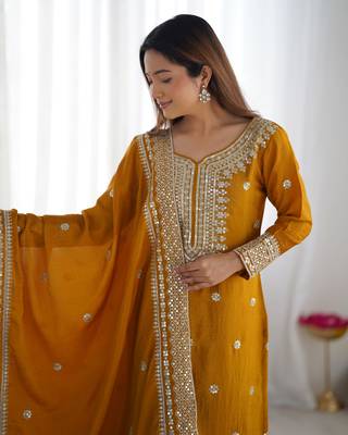 Mustard chinon silk fabric sequins work sharara suit 4