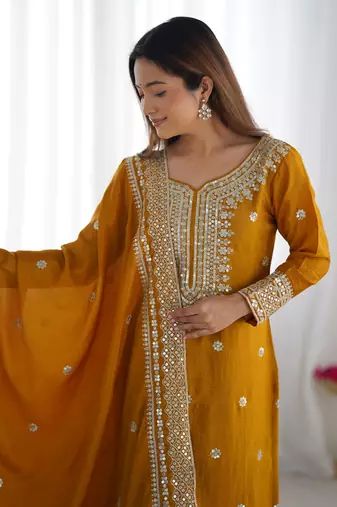 Mustard chinon silk fabric sequins work sharara suit