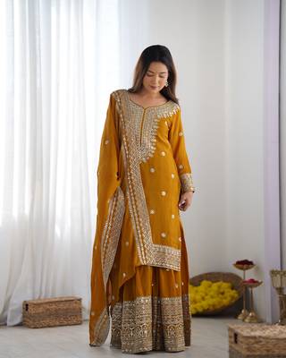 Mustard chinon silk fabric sequins work sharara suit 5