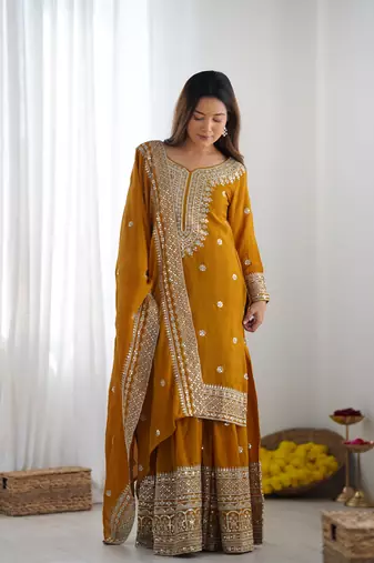 Mustard chinon silk fabric sequins work sharara suit