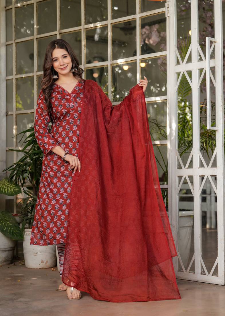 Girlish rust color cotton designer printed beautiful salwar kameez