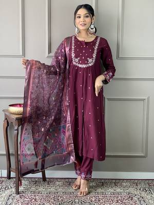 Girlish wine viscosee chanderi embroidery work and printed beautiful salwar kameez 1