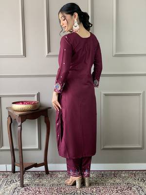 Girlish wine viscosee chanderi embroidery work and printed beautiful salwar kameez 2