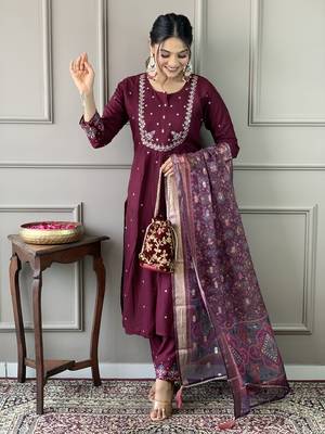 Girlish wine viscosee chanderi embroidery work and printed beautiful salwar kameez 3