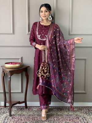 Girlish wine viscosee chanderi embroidery work and printed beautiful salwar kameez 4