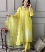 Girlish yellow muslin designer printed beautiful salwar kameez