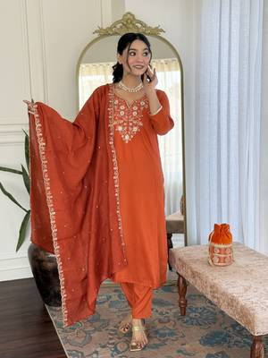 Girlish orange viscosee chinon embroidery work beautiful salwar kameez 1