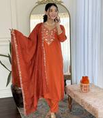 Girlish orange viscosee chinon embroidery work beautiful salwar kameez