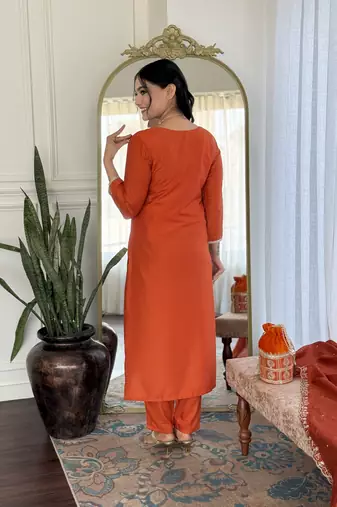 Girlish orange viscosee chinon embroidery work beautiful salwar kameez