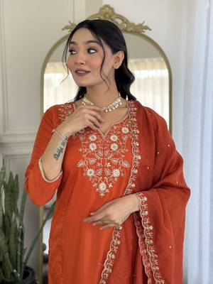 Girlish orange viscosee chinon embroidery work beautiful salwar kameez 3