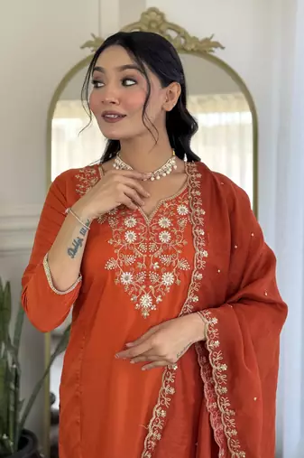 Girlish orange viscosee chinon embroidery work beautiful salwar kameez