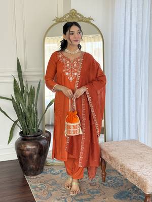 Girlish orange viscosee chinon embroidery work beautiful salwar kameez 4