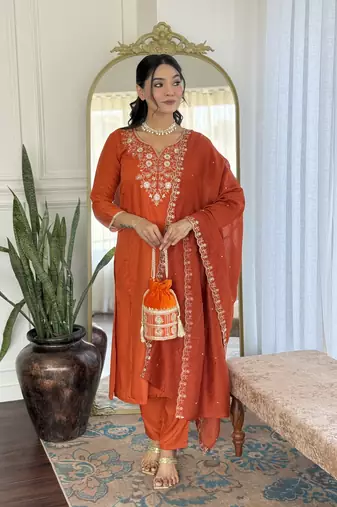 Girlish orange viscosee chinon embroidery work beautiful salwar kameez