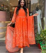 Girlish orange faux georgette embroidery work and printed beautiful salwar kameez