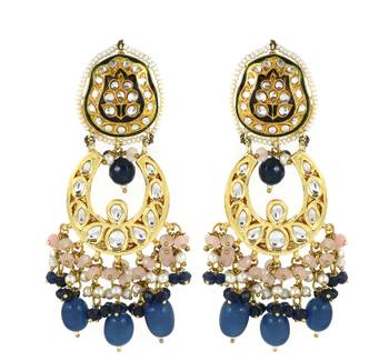 Kundan Meena Blue Sapphire Pearl Jhumka Earrings Jewelry 1