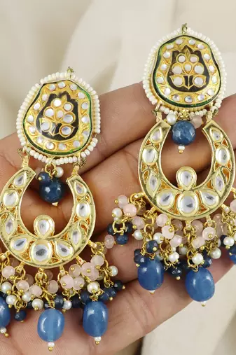 Kundan Meena Blue Sapphire Pearl Jhumka Earrings Jewelry