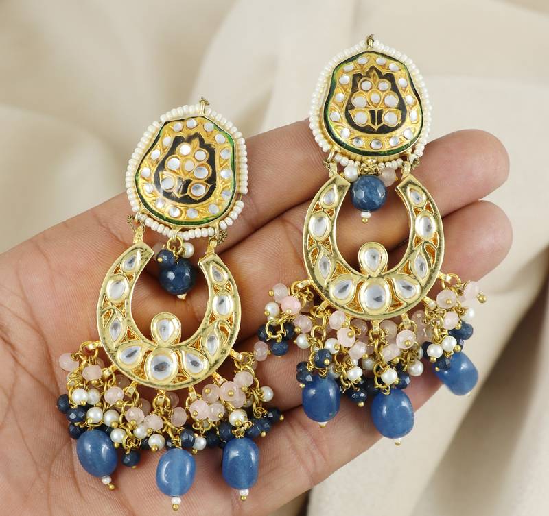 Kundan Meena Blue Sapphire Pearl Jhumka Earrings Jewelry