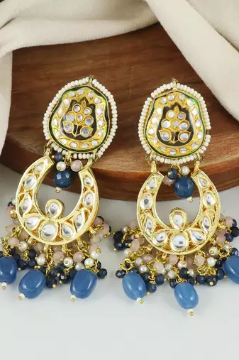 Kundan Meena Blue Sapphire Pearl Jhumka Earrings Jewelry