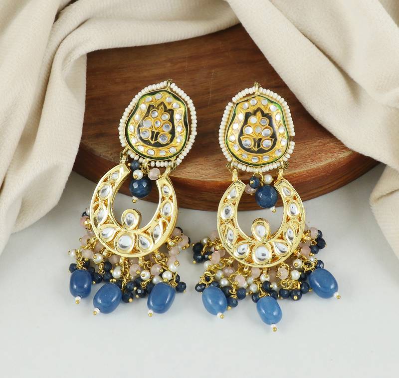 Kundan Meena Blue Sapphire Pearl Jhumka Earrings Jewelry